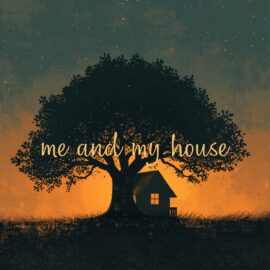 Silhouetted tree and small house against a gradient orange-to-teal sunset with scattered spark-like specks in the sky (decorative poster).