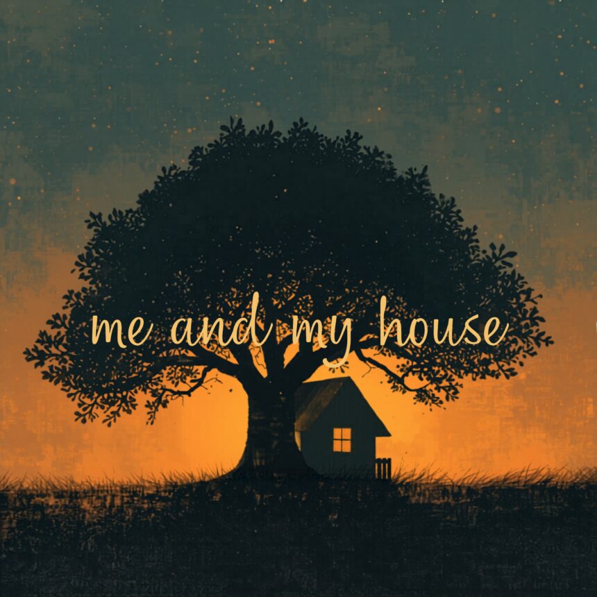 Silhouetted tree and small house against a gradient orange-to-teal sunset with scattered spark-like specks in the sky (decorative poster).
