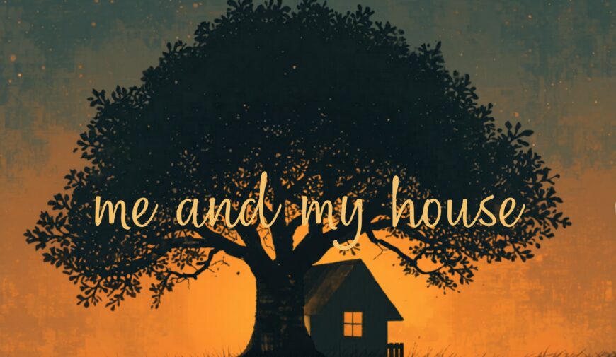 Silhouetted tree and small house against a gradient orange-to-teal sunset with scattered spark-like specks in the sky (decorative poster).