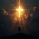 Glowing cross radiates light through dark clouds as a silhouette stands on a hill beneath, with the words "HE'S COMING BACK" above.] ,