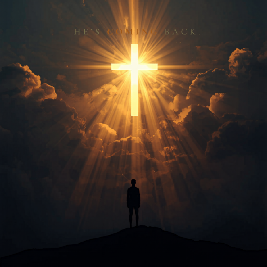 Glowing cross radiates light through dark clouds as a silhouette stands on a hill beneath, with the words "HE'S COMING BACK" above.] ,