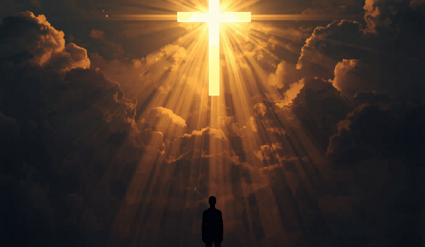 Glowing cross radiates light through dark clouds as a silhouette stands on a hill beneath, with the words "HE'S COMING BACK" above.] ,
